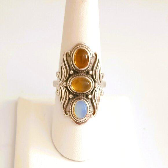 PTI 925 Triple Moonstone Ring 8.5 Sterling Silver Oblong Saddle Boho Ring - Picture 5 of 8